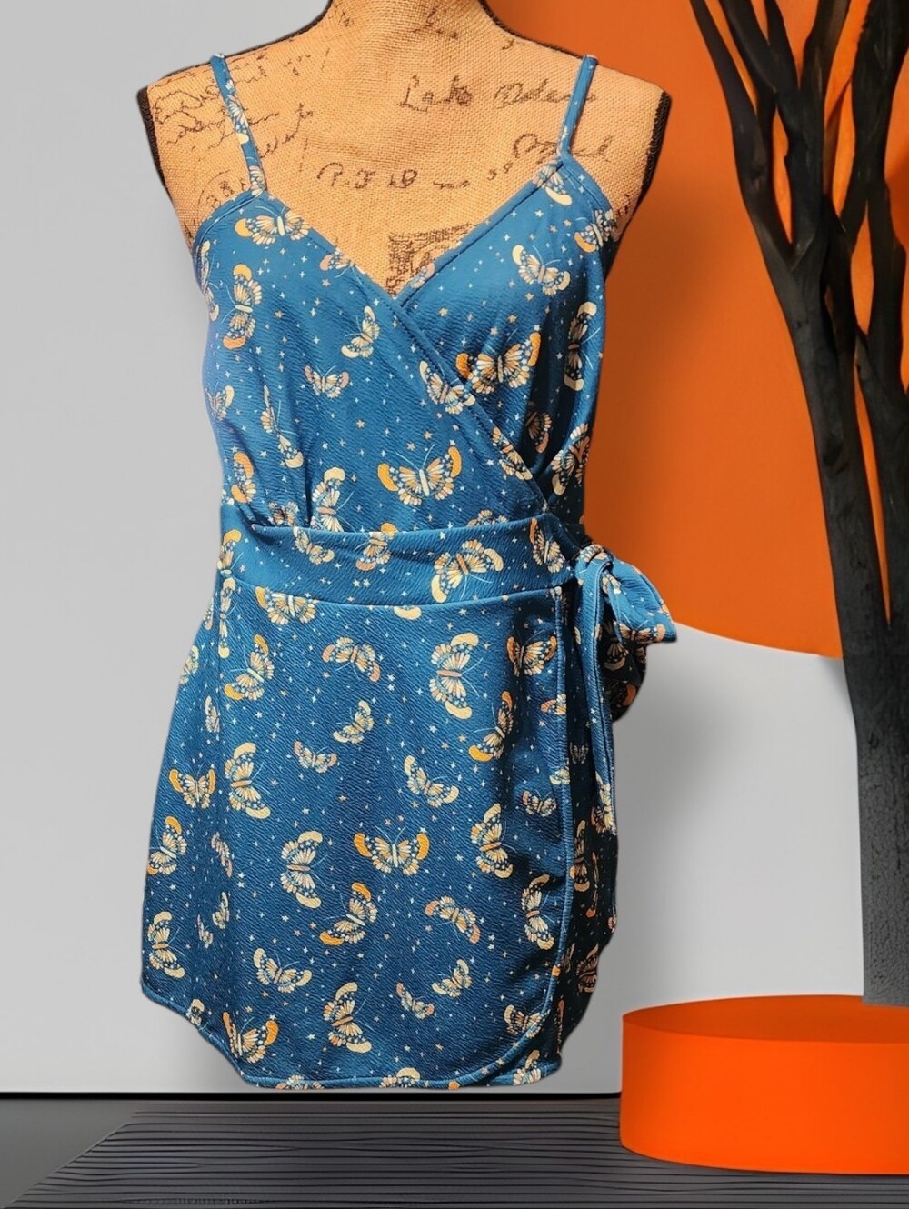 Unique Vintage Blue Butterfly And Star Print Lotti Wrap Romper - Picture 4 of 12